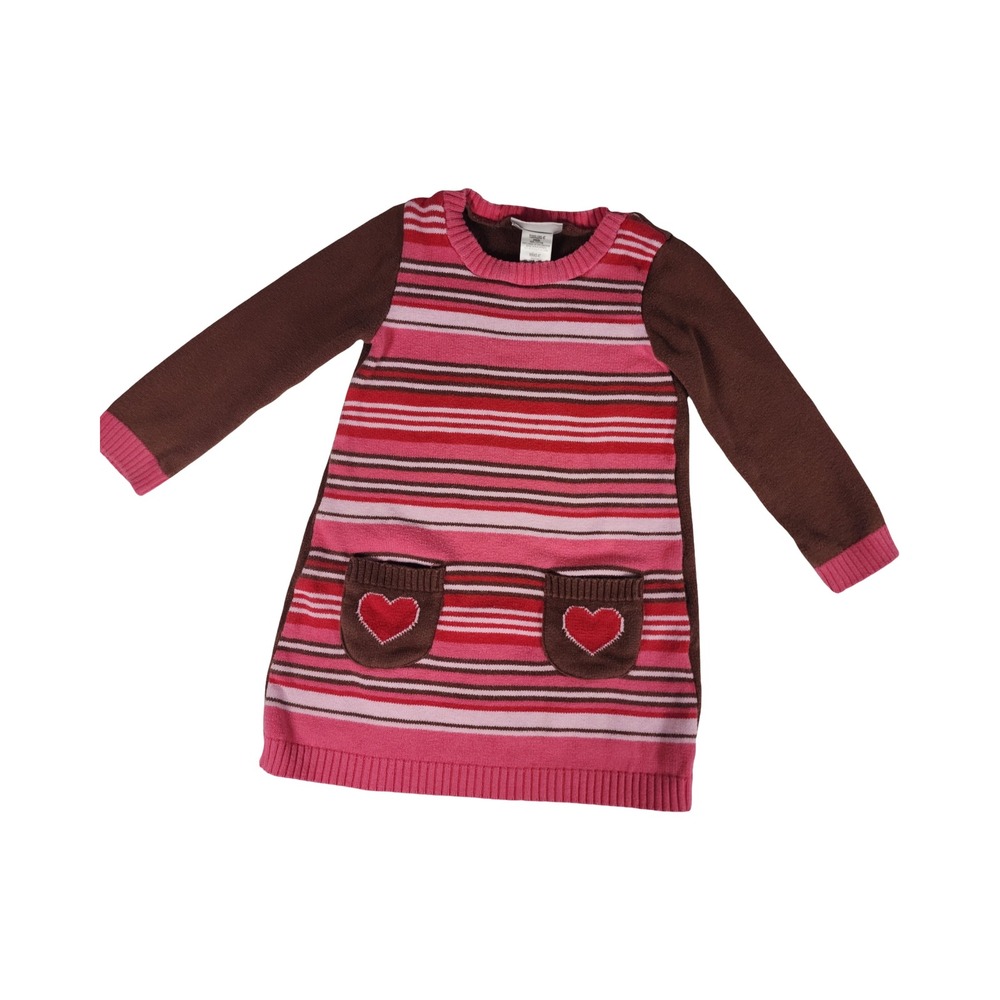 Vintage Youngland Toddler Girls‎ Pink Brown Striped Heart Sweater Dress 4T